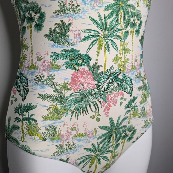 Vineyard Vines Green Pink Tropical Flamingo Square Neck One Piece Swimsuit S - Picture 3 of 9